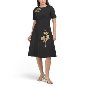RENE BY RENE RUIZ Black/gold Short Sleeve Floral Applique Midi Dress